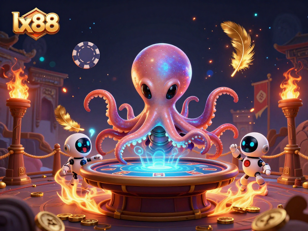 lx88 adds excitement with an alien octopus and poker table amid vibrant gaming elements.