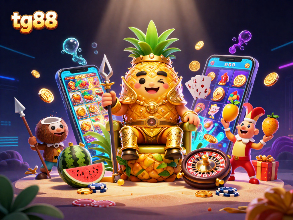 Experience exciting gaming action with tg88, featuring a pineapple king and lively casino elements.