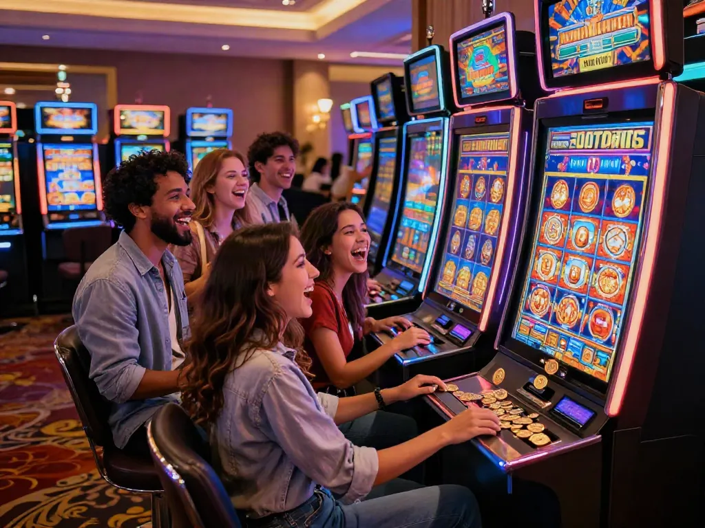 Friends celebrating a slot jackpot win at a vibrant casino slot machine.