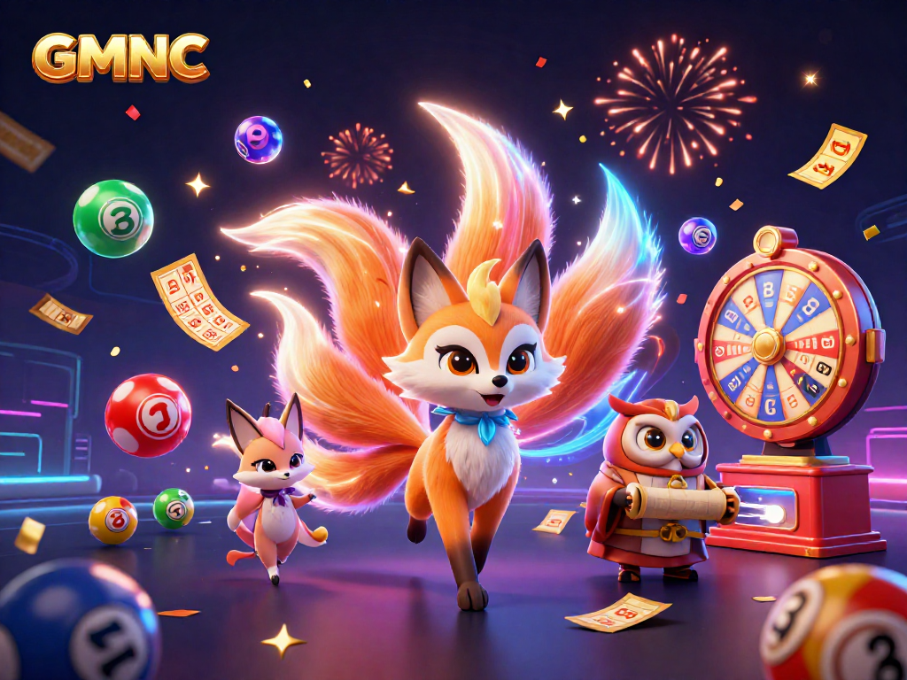 Experience excitement with GMNC as a nine-tailed fox and wise owl embrace lottery fun in vivid colors.