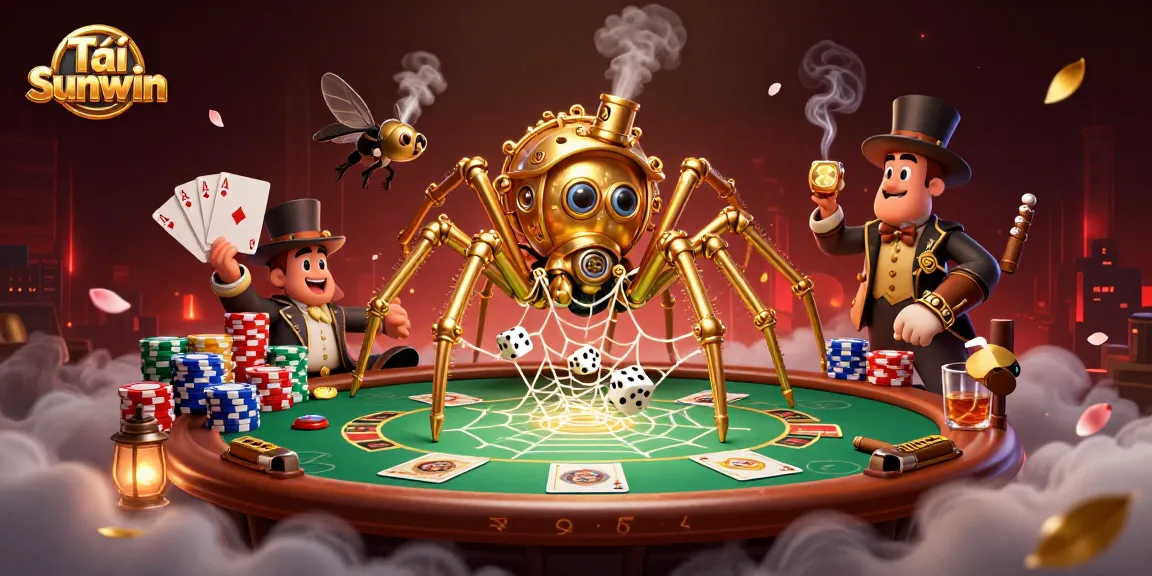 Tải Sunwin to enjoy poker thrills with a steampunk spider in a vibrant casino atmosphere.