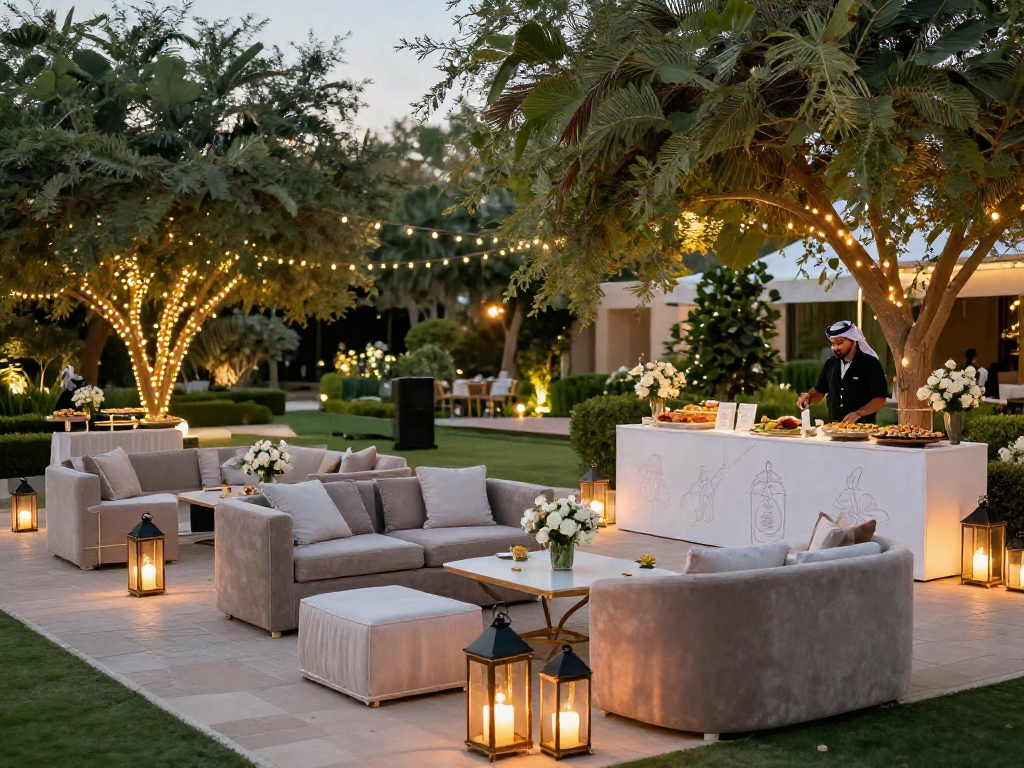 Event rental KSA setup in a garden with elegant furniture and glowing lights.