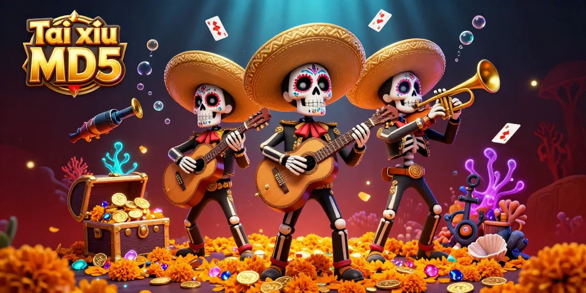 Engage with Tài xỉu MD5 through a dynamic 3D illustration of a vibrant, festive mariachi band amidst casino elements.