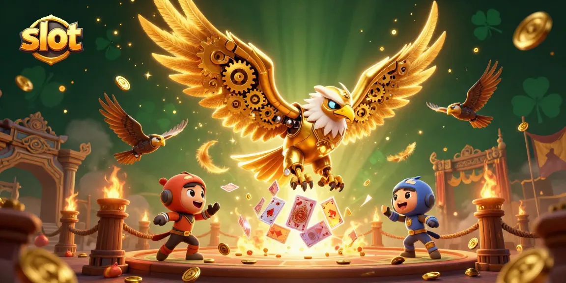 Experience thrilling slot adventures with a cybernetic eagle diving through vibrant playing cards.