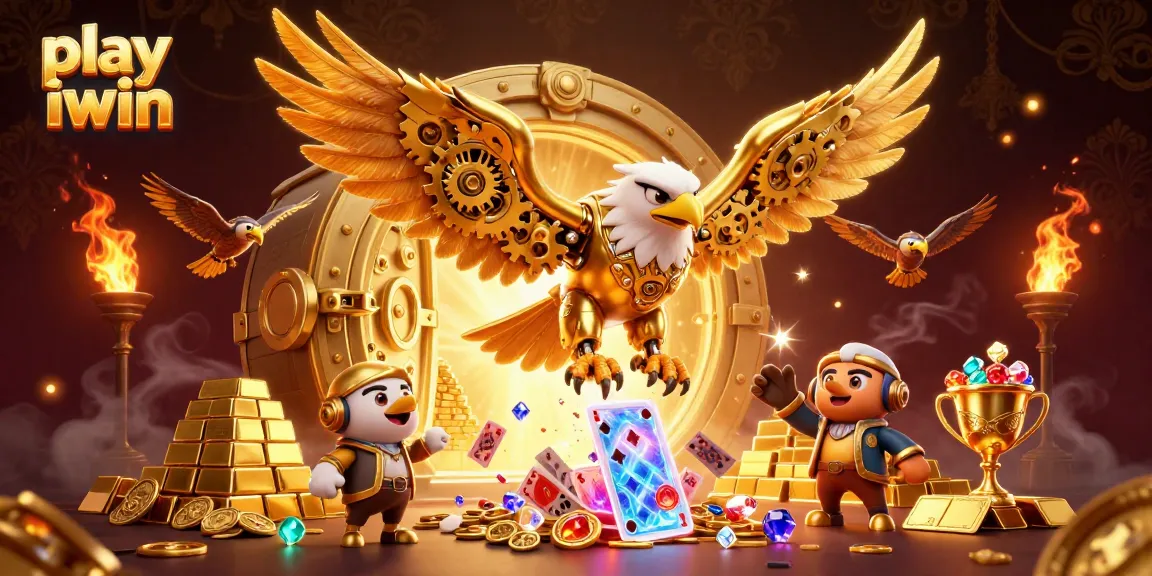 Play iwin and win big in an exciting 3D casino scene with golden treasures.