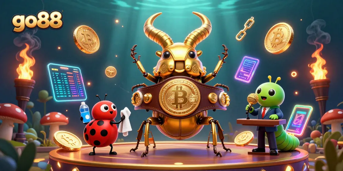 Experience the thrilling adventure of go88 with a golden stag beetle champion and crypto elements in action.