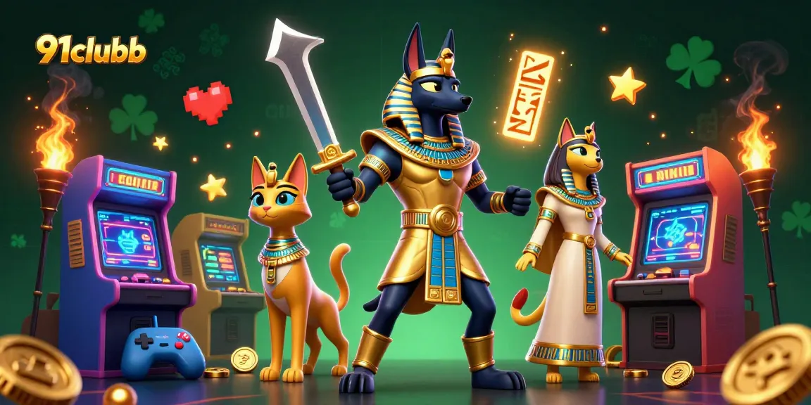 Play exciting games on 91clubb with Anubis and Bastet in a vibrant casino-themed scene.