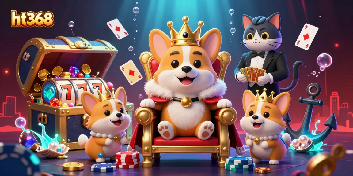 Experience the thrill of ht368 with a royal corgi on a throne surrounded by vibrant casino elements and underwater treasures.