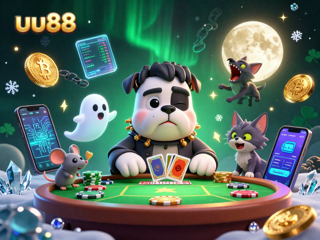 Experience engaging poker action at uu88 with a Frankenstein bulldog dealer, Ethereum coins, and ghostly elements.