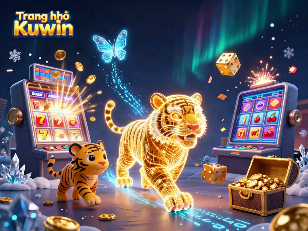 Experience thrilling wins at Trang chủ Kuwin with a vibrant casino illustration showcasing winning symbols and golden energy.