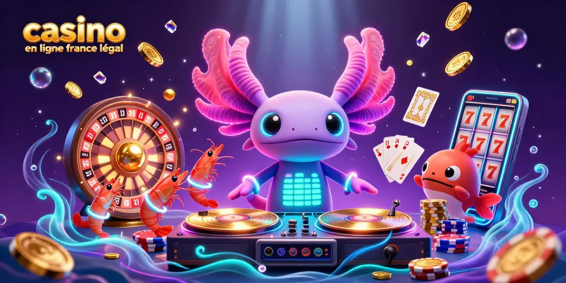 Animation dynamique incluant un DJ axolotl et des éléments de casino en ligne légal en France.