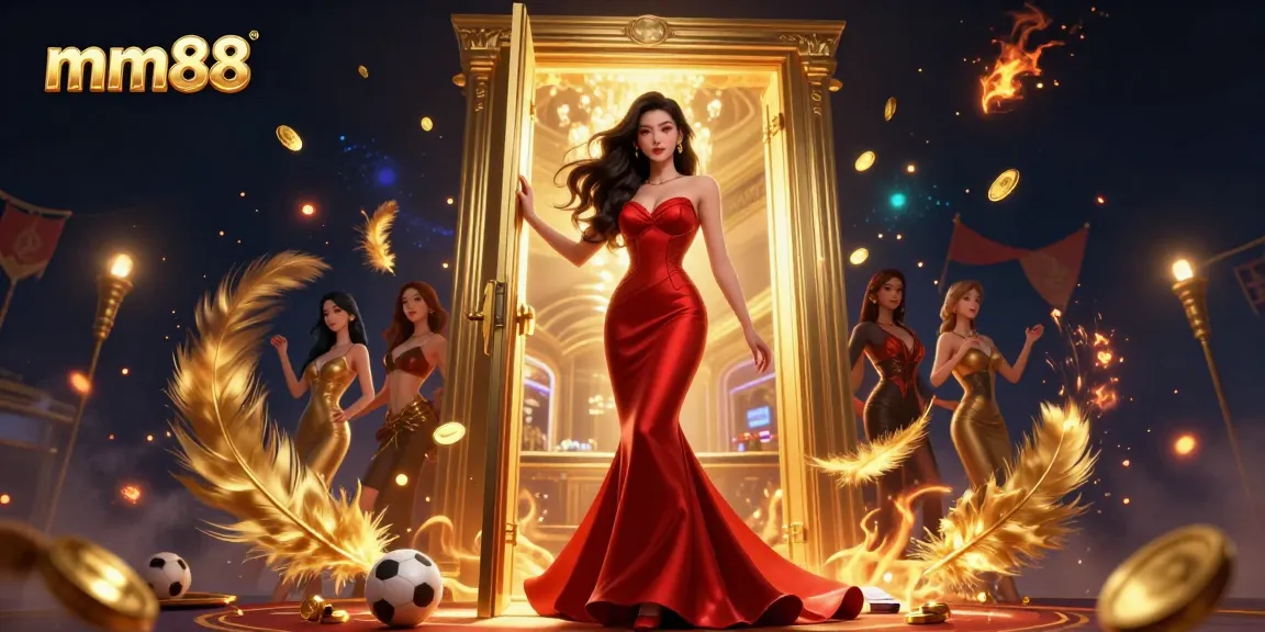 Experience thrilling sports betting at mm88 with an elegant Asian woman guiding you through rich, immersive casino elements.