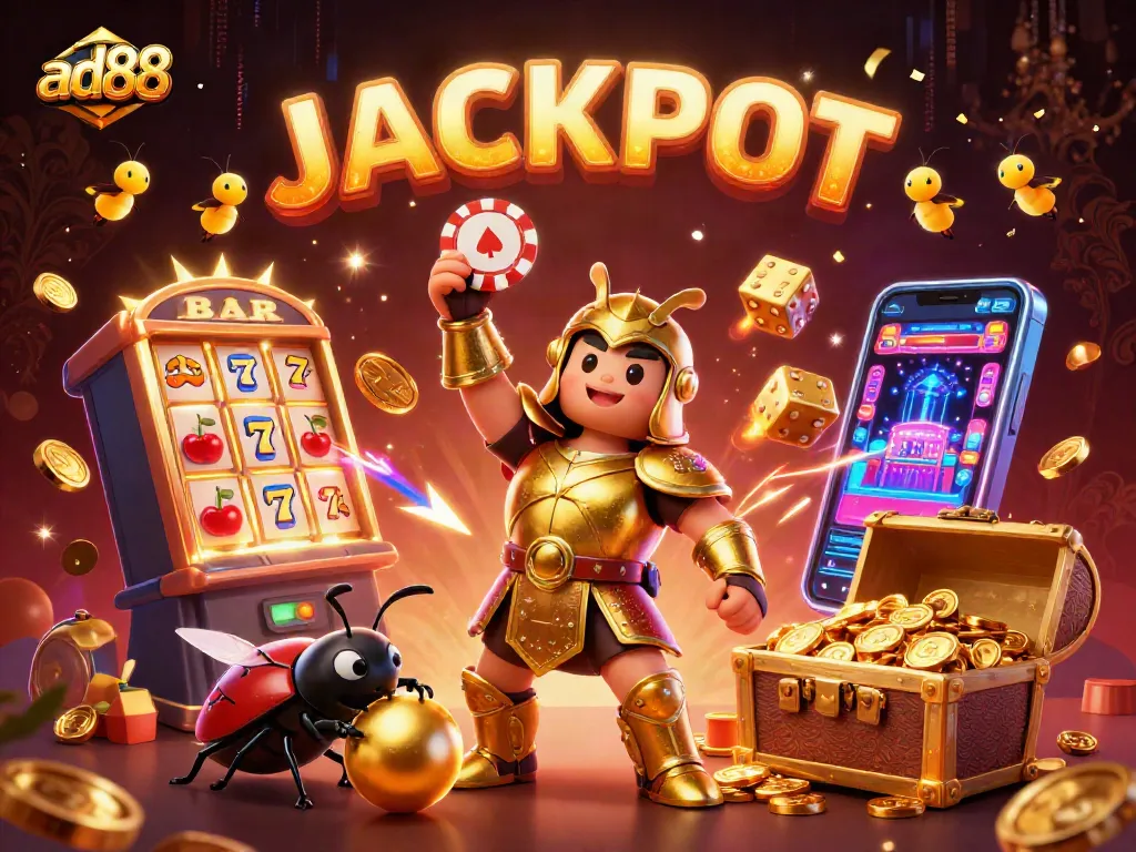Experience ad88's thrilling victories with a golden beetle champion and vibrant casino elements.