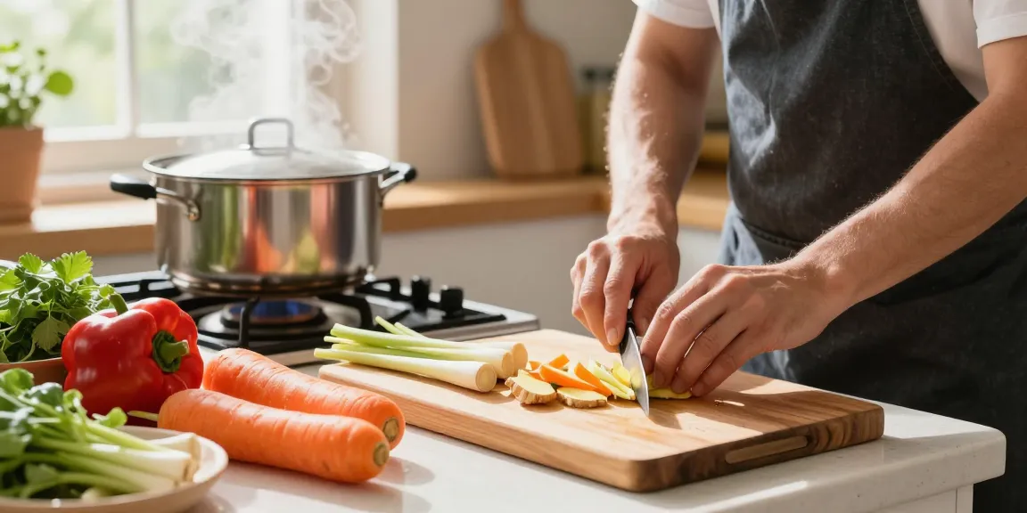 Healthy cooking with fresh vegetables and เว็บสล็อต inspiration in a warm kitchen scene.