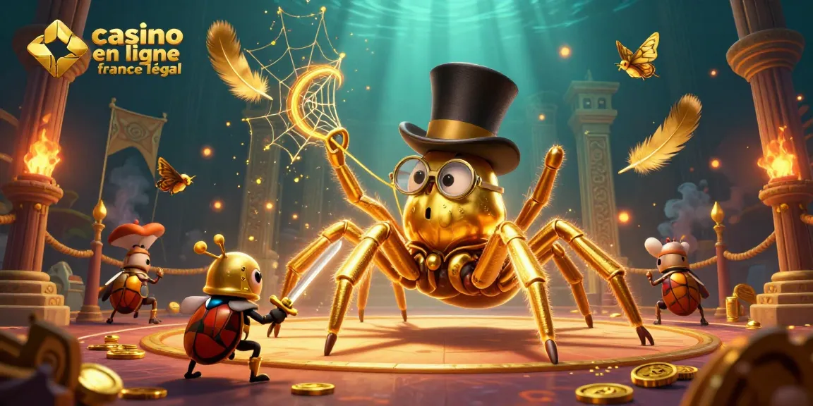 Cette scène captivante de casino en ligne en France légaux montre une tarentule dorée et un chevalier scarabée au milieu d'une arène animée.