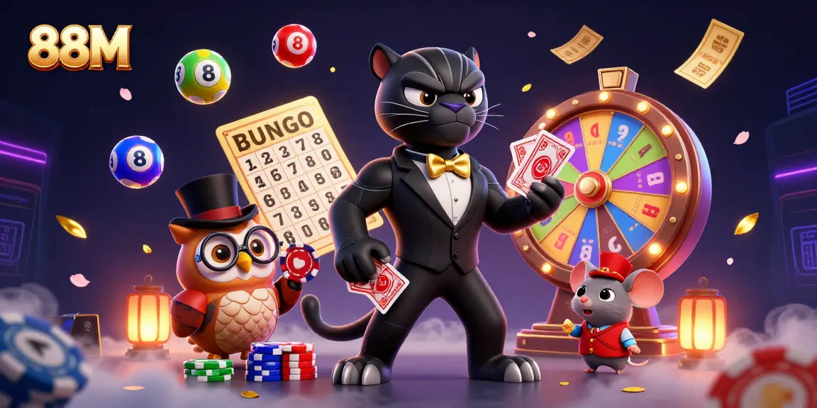Engage in casino gaming excitement with 88M's illustrated characters and dynamic prize elements.