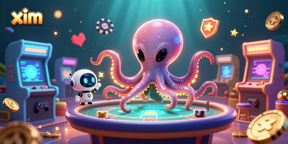 Engage with the xim alien octopus at a holographic poker table in a vibrant casino scene.