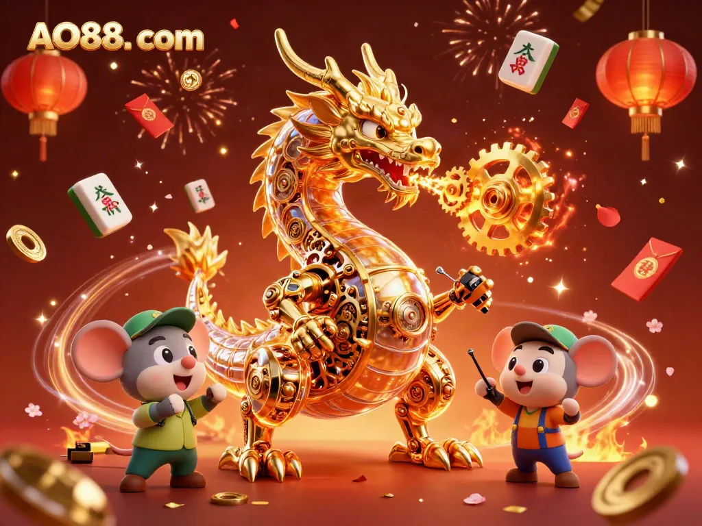 Experience the excitement of AO88. com with a vibrant 3D dragon surrounded by festive casino elements.