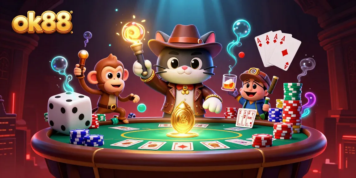 Experience thrilling moments at ok88 with this vibrant casino adventure illustration featuring a cat archaeologist.