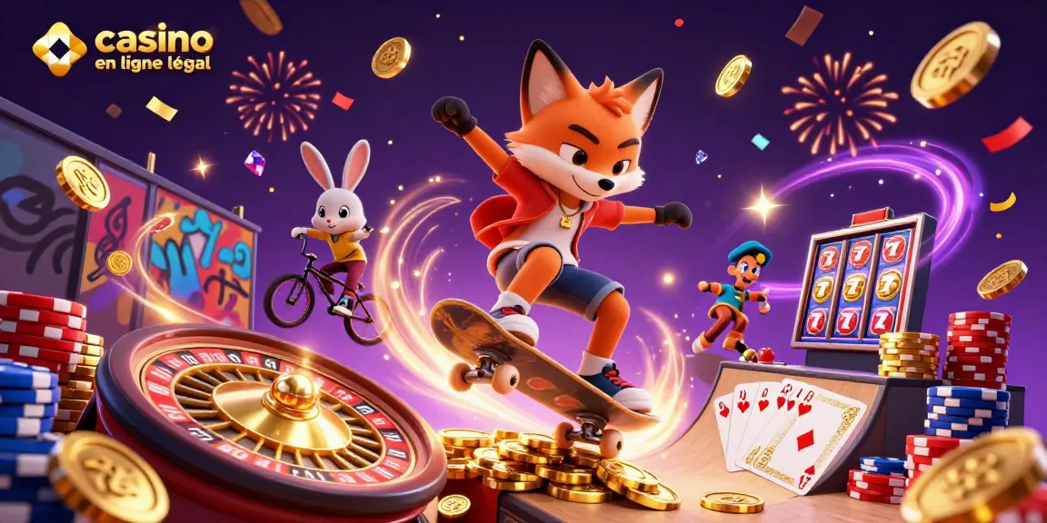 Illustration dynamique de casino en ligne France légal avec un renard skateboarder et un lapin BMX entouré d'éléments de jeu.