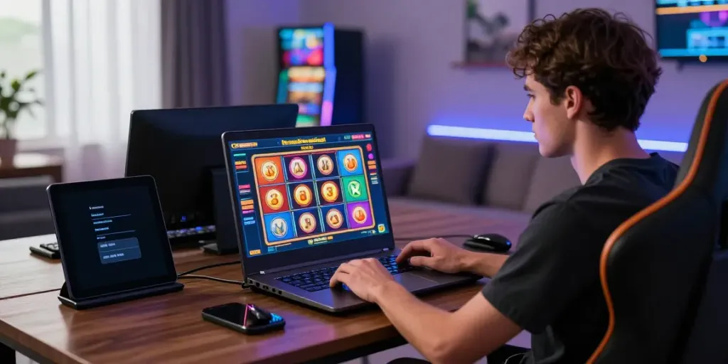Engaging player at a judi slot online gaming setup with vibrant visuals and a modern atmosphere.