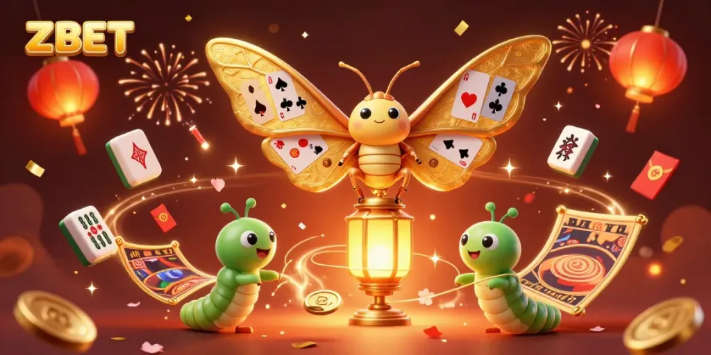 ZBET showcases an exquisite 3D casino scene with a majestic moth, vibrant elements, and a celebratory atmosphere while winning at the slots.