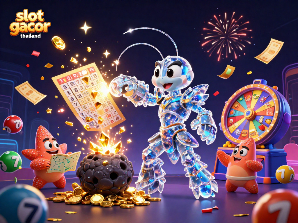 Engage with slot gacor thailand as a galactic samurai mantis shrimp bursts through golden gems, showcasing exciting casino elements.