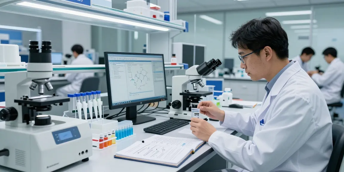 Research peptide US in a modern lab with scientists examining compounds and analyzing data.