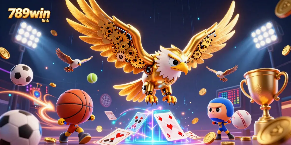 Engage with the exciting 789win link experience, featuring dynamic golden eagle illustrations among sports elements.