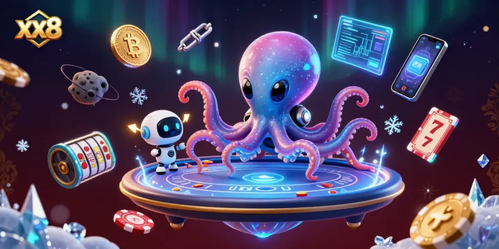 Experience the excitement of xx8 with a vibrant 3D illustration of a cosmic poker game featuring an alien octopus and dazzling crypto elements.