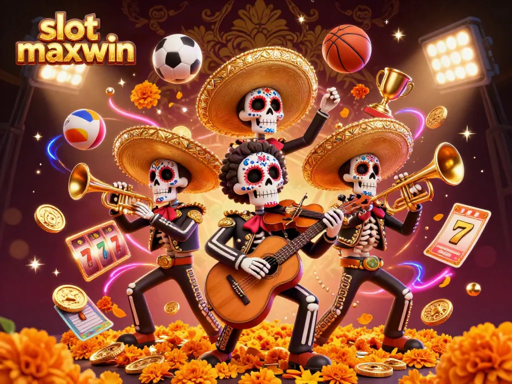 Experience thrilling slot maxwin action with vibrant skeleton mariachi musicians and dynamic game elements.
