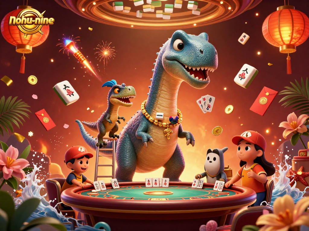 Experience the thrill of nohu-nine as the clever raptor deals cards beneath a towering brontosaurus in this vibrant casino scene.