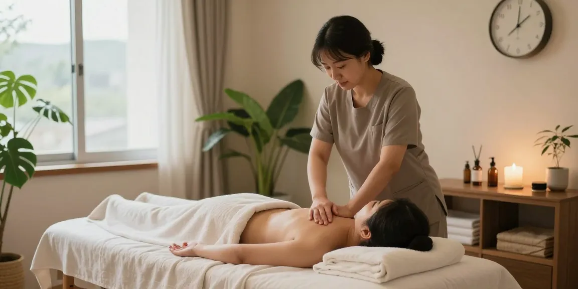 Relaxing 용산출장마사지 session in a serene home environment with calming decor.