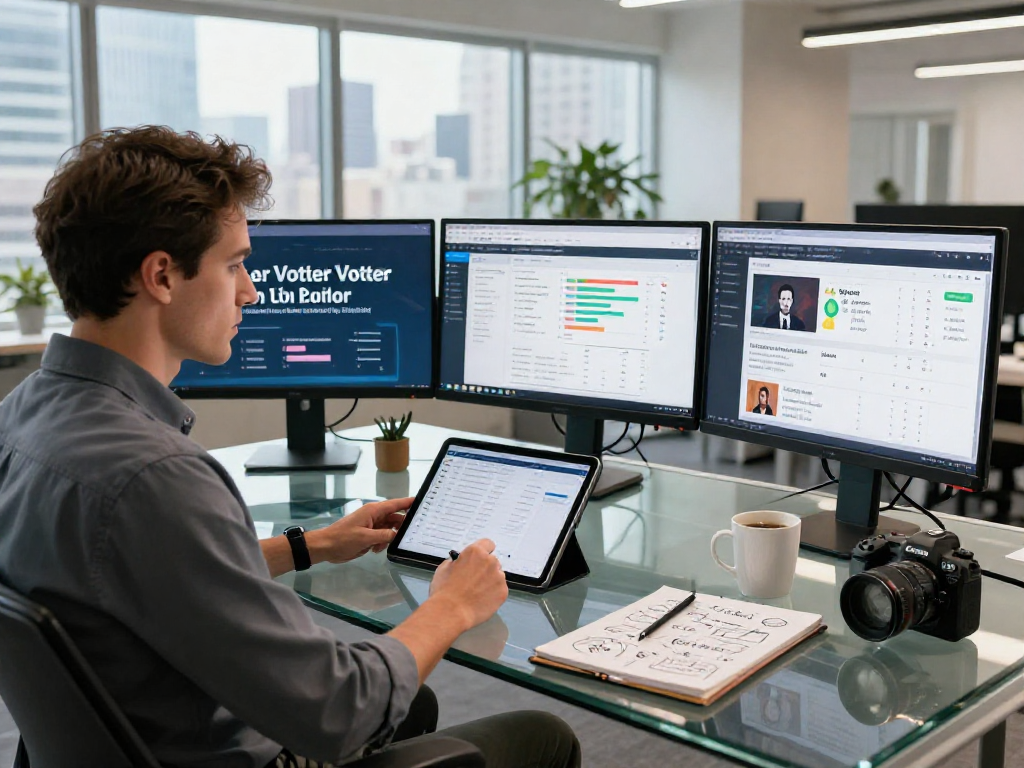 Strategist analyzing programmatic ads for campaigns data at a modern office.