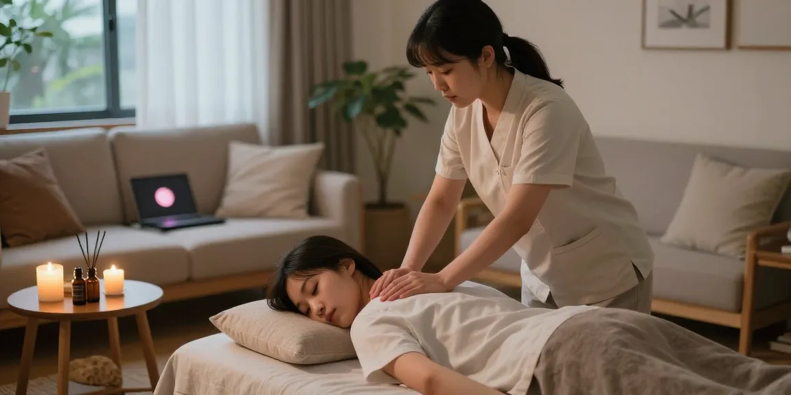 Young woman enjoying a 도봉구출장안마 service in a cozy living room.