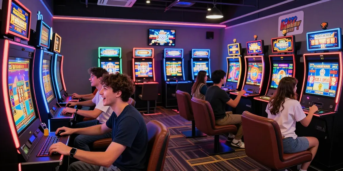 Exciting gaming scene with diverse players enjoying link slot games in a vibrant lounge atmosphere.