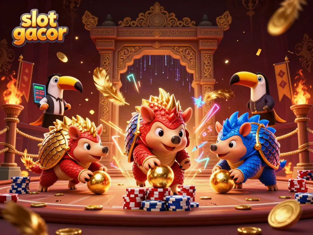 Visual slot gacor yang menggambarkan pangolin bersaing dalam permainan yang seru dengan koin emas bertebaran.