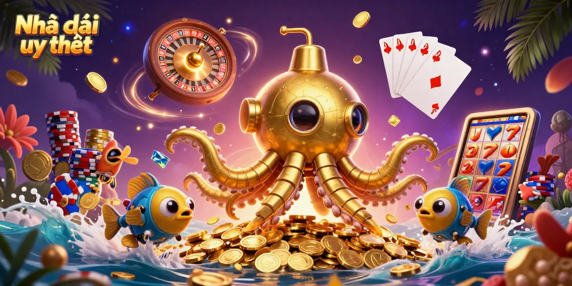 Engage with Nhà cái uy tín's vibrant online betting scene featuring a golden kraken and gambling elements.