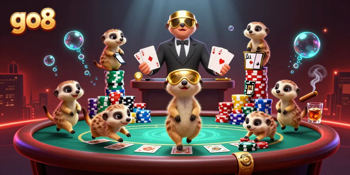 Experience go8's lively casino through a meerkat-themed digital illustration filled with poker action.
