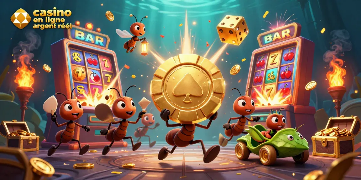 Jouez sur le casino en ligne argent réel avec cette illustration dynamique d'une équipe de fourmis.