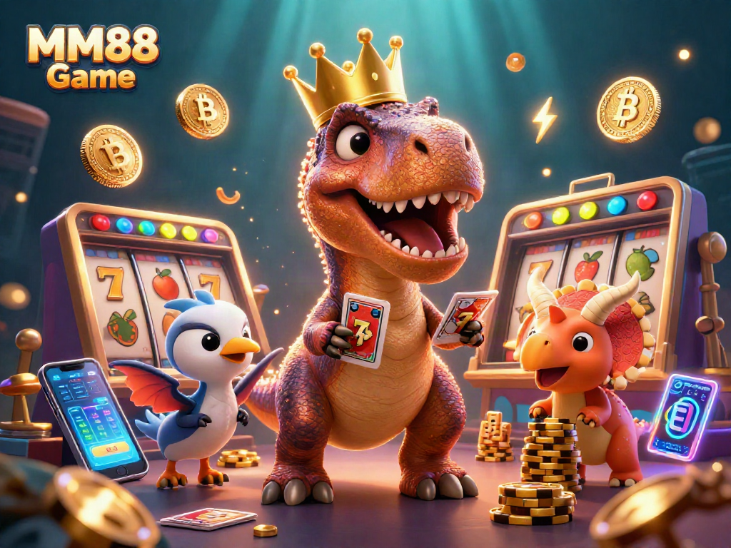 Experience the fun of MM88 Game with a T-Rex shuffling cards and friends stacking chips.