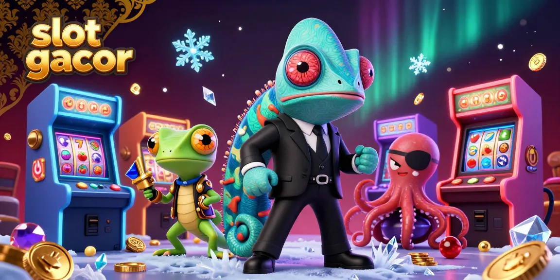 Spin the slot gacor reels with a vibrant 3D illustration featuring a chameleon agent, a gecko, and an octopus in a colorful casino setting.
