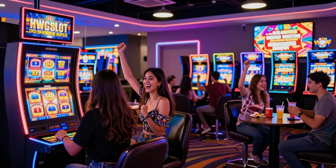 Players enjoying lively casino atmosphere with HWGSLOT slot machine, showcasing excitement and vibrant gaming experience.