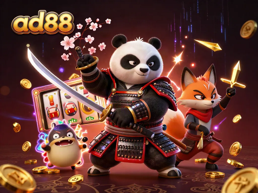 Engage with ad88's adventure featuring a samurai panda, ninja fox, and magical tanuki in a lively casino setting.