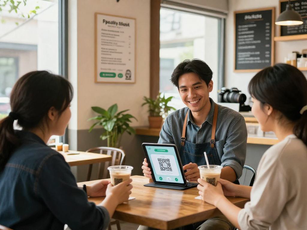 Loyalty application demonstration in a cozy café, showing customer interaction and engagement.