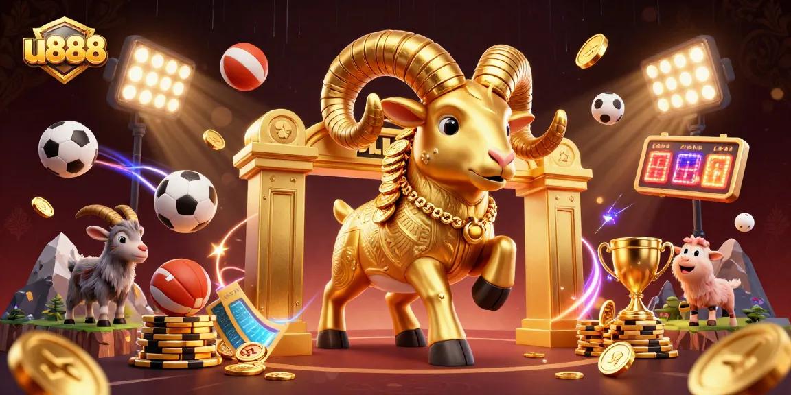 u888 showcases a 3D golden ram symbolizing victory in sports betting, amidst dynamic gaming action.