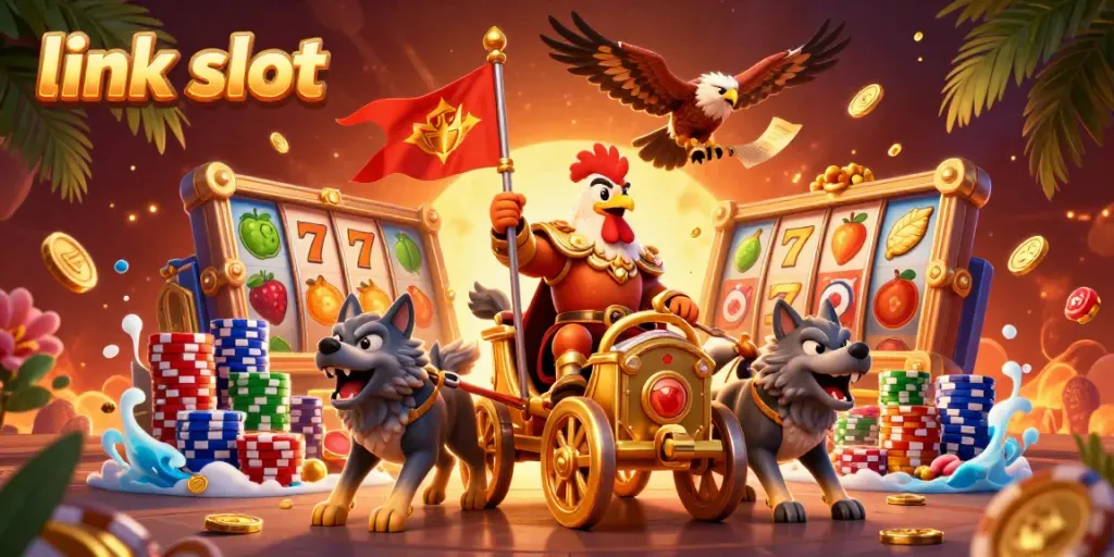 Experience excitement in this vibrant link slot scene with a cartoon rooster warlord and colorful slot reels.