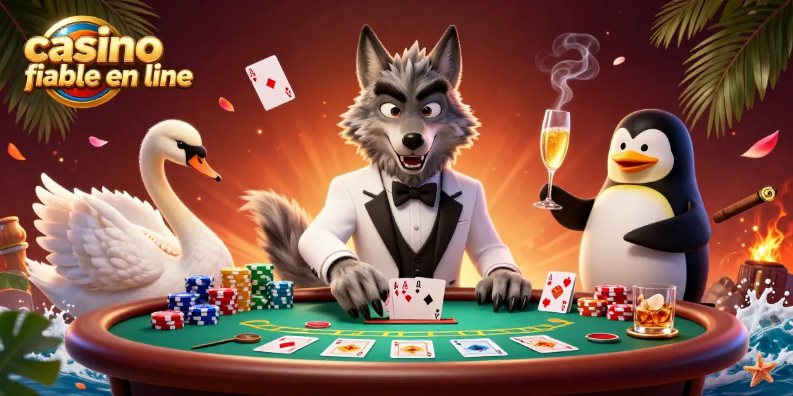 Illustration dynamique d'un casino fiable en ligne mettant en scène un loup élégant jouant au baccarat, un cygne distribuant des cartes et un pingouin servant du champagne.