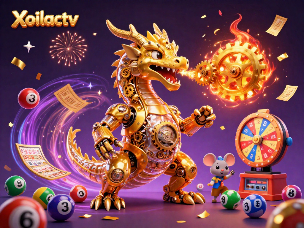 Xoilactv showcases a vibrant 3D casino scene with a golden dragon and engaging lottery elements.