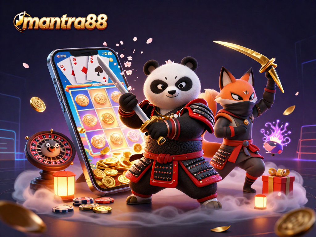 Experience the thrill of mantra88 with samurai panda and ninja fox in a vibrant casino scene.